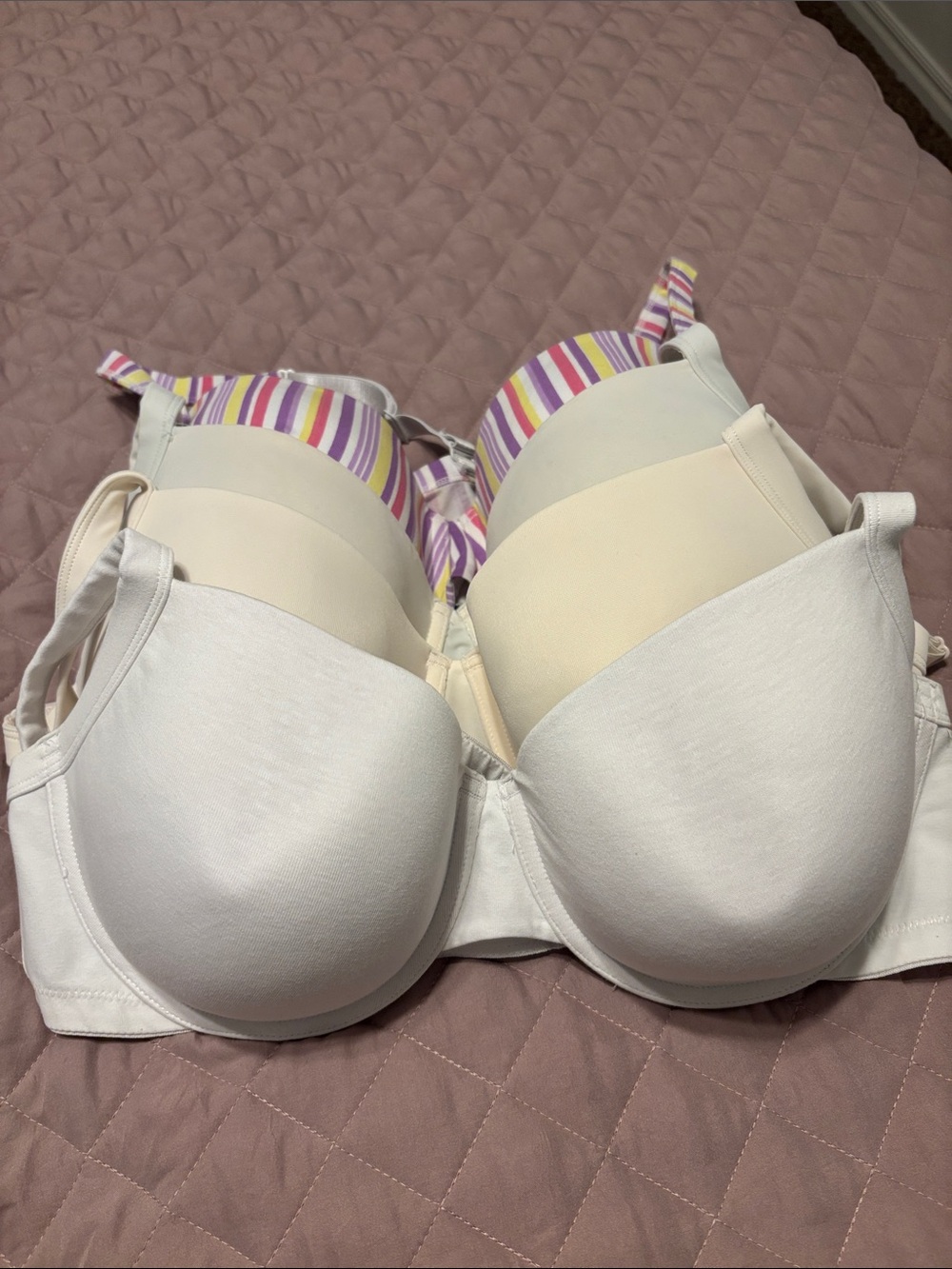 Fashion Bug 4 Piece Bra Set in White, Cream and Multicolor Stripes